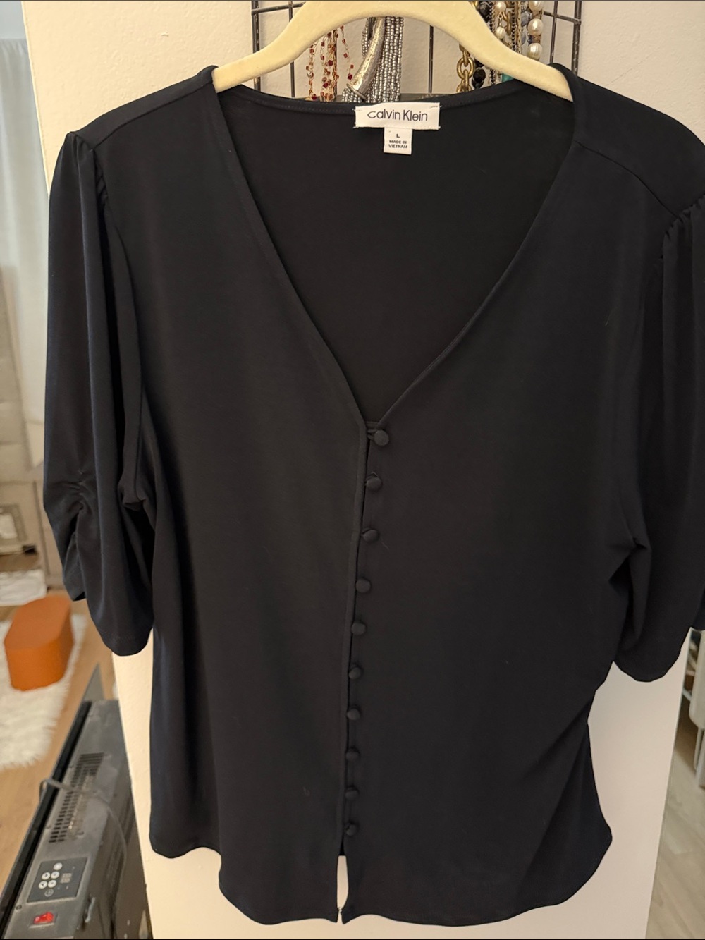 Calvin Klein Black V-Neck Covered Button Blouse